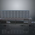 Metal Lockers With Labeled Drawers And Long Table With Folding Chairs In Gray Background