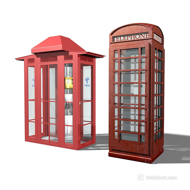 Classic Red Telephone Booth And Glass Public Facility Structure In Urban Area 3d model 