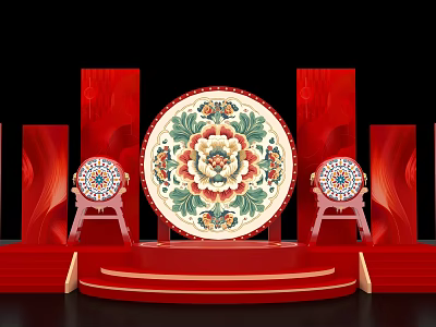 Traditional Red Stage with Peony Pattern Circular Decorations and Red Pillars on Both Sides 3d model