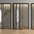Modern Glass Folding Doors With Black Frame And Green Plants On Light Wall Wooden Floor