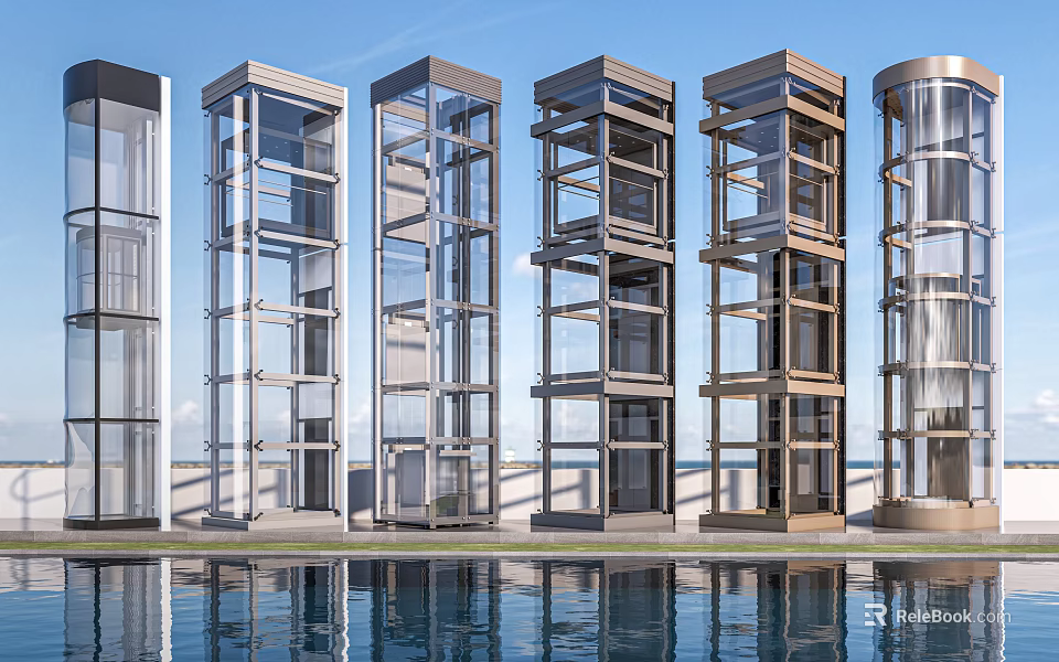 Modern Glass Elevator Designs With Various Structures And Water Reflections 3d model