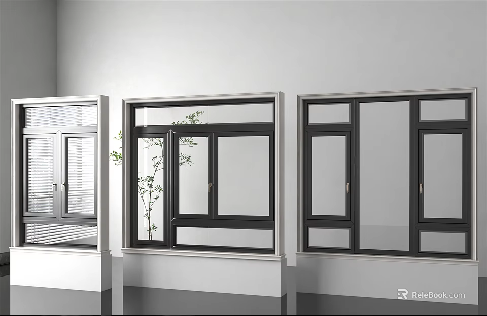Modern Windows with Black Frames Blinds and Indoor Plant in White Space 3d model 