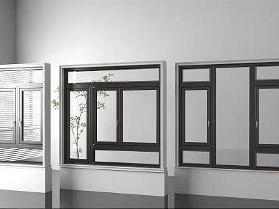 Modern Windows with Black Frames Blinds and Indoor Plant in White Space 3d model