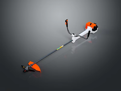 Orange And White Long Pole Weapon With Sharp Cutting Blade On Gray Background 3d model