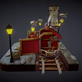 Cartoon Small Shop Scene With Stone Path Street Lamps Hanging Lanterns And Shelf Items