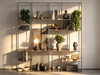 Modern Metal Shelving Unit With Green Plants Vases Books And Decorative Items 3d model