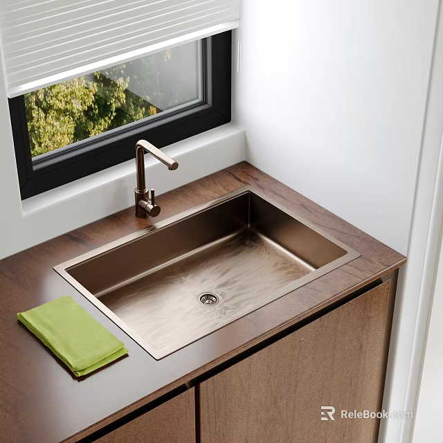 Stainless Steel Sink on Wooden Countertop With Brass Faucet Green Towel and Window View 3d model 