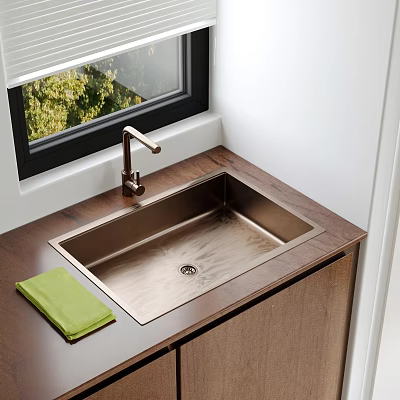 Stainless Steel Sink on Wooden Countertop With Brass Faucet Green Towel and Window View 3d model