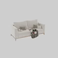 Beige And Gray Two Seater Sofas With Wooden Legs Pillows Blanket And Decorative Balls