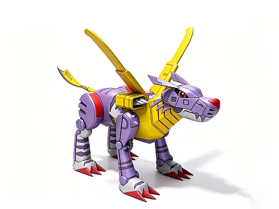 Purple Mechanical Action Figure Toy With Yellow Wings Red Claws On White Background 3d model