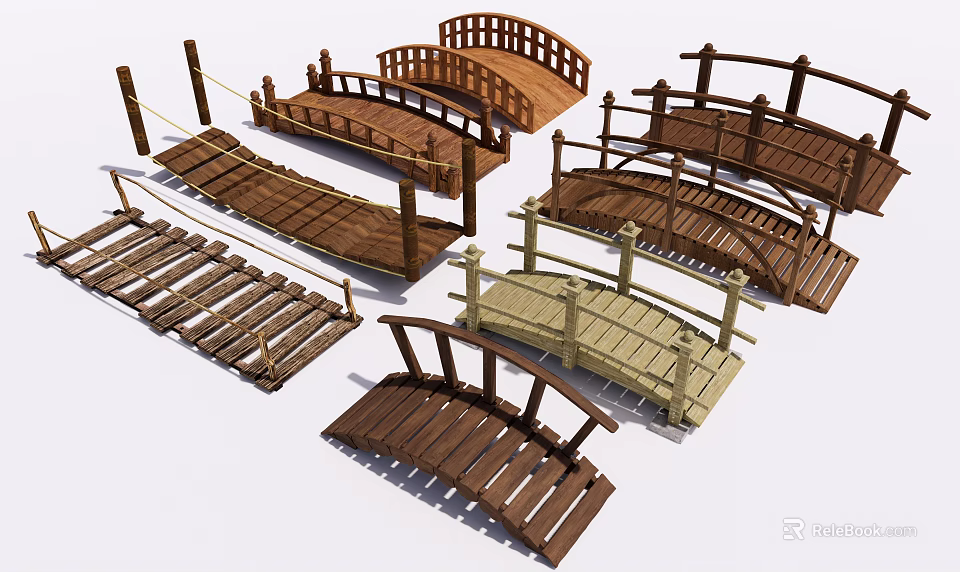 Various Wooden Garden Bridges With Different Styles Railings And Designs 3d model 
