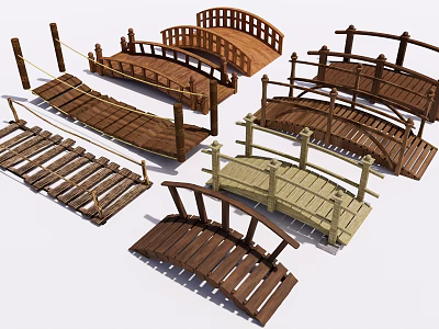 Various Wooden Garden Bridges With Different Styles Railings And Designs 3d model