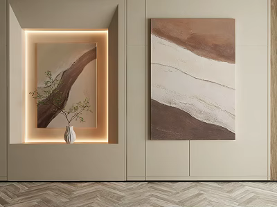Abstract Painting On Interior Wall With Neutral Tones And Vase Decor In Modern Room 3d model
