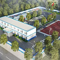 Aerial Planning of Police Station Exterior with White Blue Facade Police Signage and Security Gate