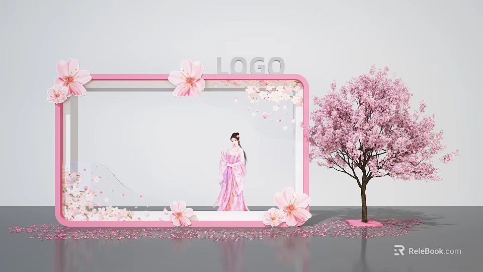 Cherry Blossom Themed Photo Check In Spot With Pink Frame Traditional Costume And Falling Petals 3d model 