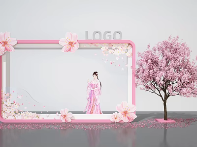 Cherry Blossom Themed Photo Check In Spot With Pink Frame Traditional Costume And Falling Petals 3d model