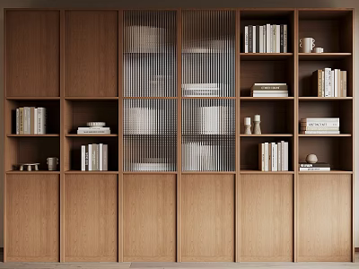 Modern Wooden Bookcase Interior Design With Shelves Grid Partition And Decorative Books 3d model