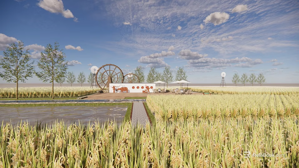 Rural Countryside Landscape With Golden Rice Fields Traditional Windmill Trees And Blue Sky Clouds 3d model 