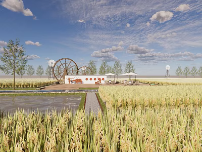 Rural Countryside Landscape With Golden Rice Fields Traditional Windmill Trees And Blue Sky Clouds 3d model