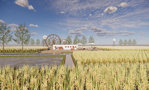 Modern paddy rural agricultural landscape 3d model