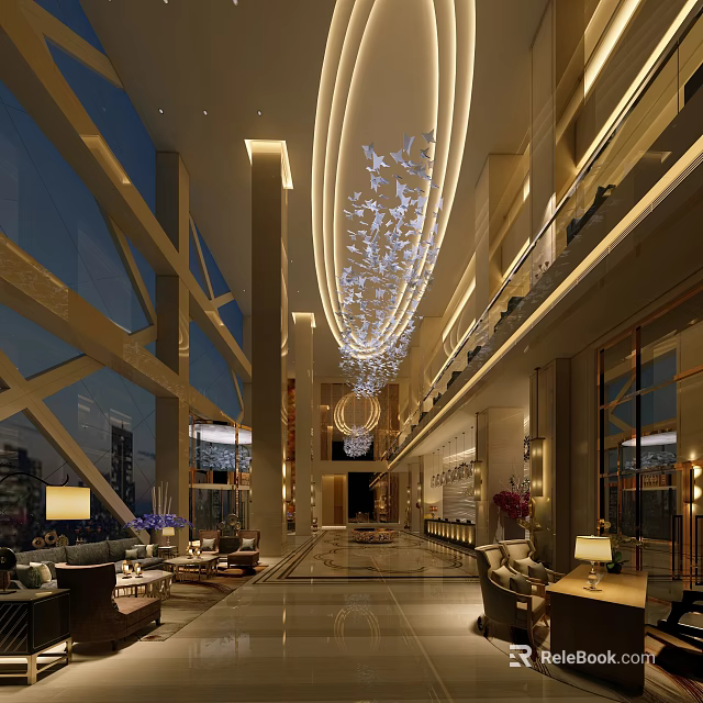 Luxurious Hotel Lobby Interior Design With Elegant Chandelier Floor to Ceiling Windows And Plush Sofas 3d model 