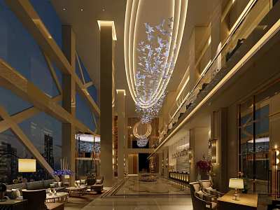 Luxurious Hotel Lobby Interior Design With Elegant Chandelier Floor to Ceiling Windows And Plush Sofas 3d model