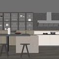 Modern Kitchen Interior With Glass Front Cabinets Island Counter And Bar Stools