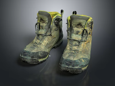 Dirty Worn Hiking Boots Featuring Yellow Gray Color And Thick Sole For Outdoor Activities 3d model