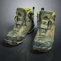 Dirty Worn Hiking Boots Featuring Yellow Gray Color And Thick Sole For Outdoor Activities