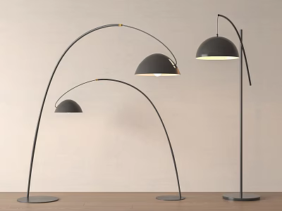 Modern Curved Floor Lamps With Black Shades And Metal Bases On Wooden Floor 3d model