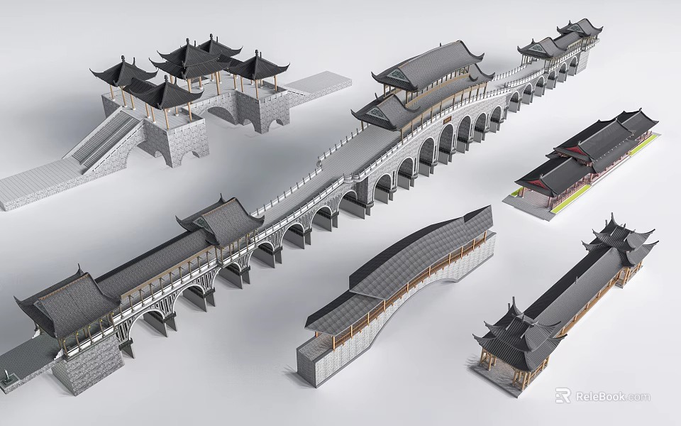 Traditional Chinese Landscape Bridge Models Featuring Arch Structures And Classic Roofs 3d model