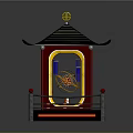 Traditional Pavilion Architecture With Striped Roof Golden Ornament Red Railings And Blue Windows