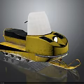 Yellow Worn Snowmobile With Black Seat Transparent Windshield Tracks And Skis