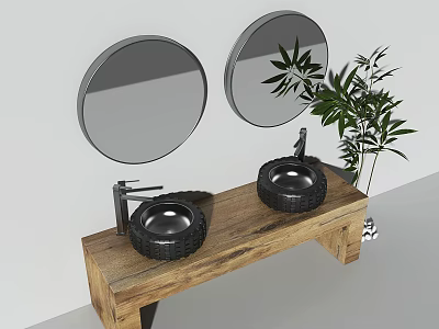 Modern Bathroom Vanity With Double Black Washbasins Round Mirrors Wooden Countertop And Potted Plant 3d model