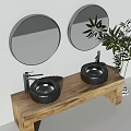 Modern Bathroom Vanity With Double Black Washbasins Round Mirrors Wooden Countertop And Potted Plant
