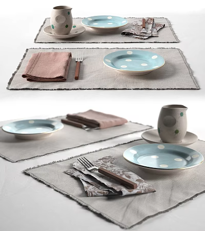 Stylish Dinnerware Set With Polka Dot Plates Brown Napkins Woven Placemats And Cutlery 3d model
