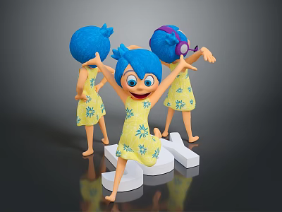 Blue Haired Cartoon Characters In Yellow Floral Dresses Dancing With Purple Headphones On White Structure 3d model