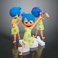 Blue Haired Cartoon Characters In Yellow Floral Dresses Dancing With Purple Headphones On White Structure