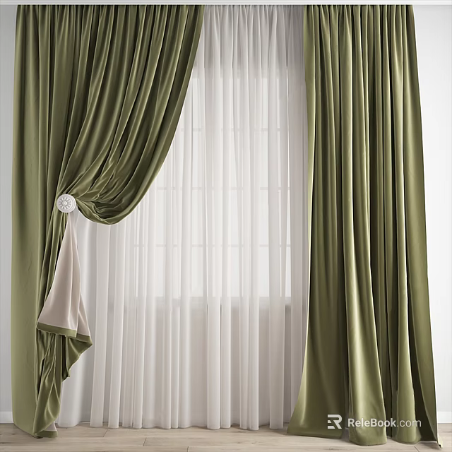 Elegant Green Velvet Curtains With White Sheer Panels And Window Tieback Decor 3d model 