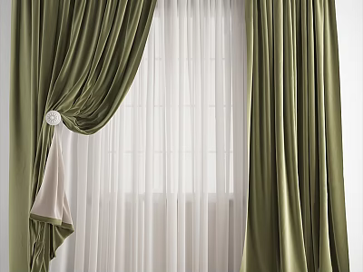 Elegant Green Velvet Curtains With White Sheer Panels And Window Tieback Decor 3d model