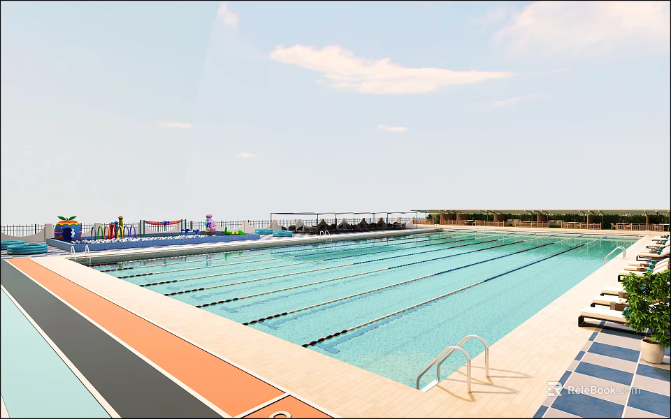 Vibrant Playground With Swimming Pool Lane Lines Colorful Play Facilities Track And Sun Loungers 3d model 