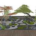 Japanese Style Courtyard Garden Featuring Dry Landscape Stones Pine Trees Stone Lanterns And Wooden Deck