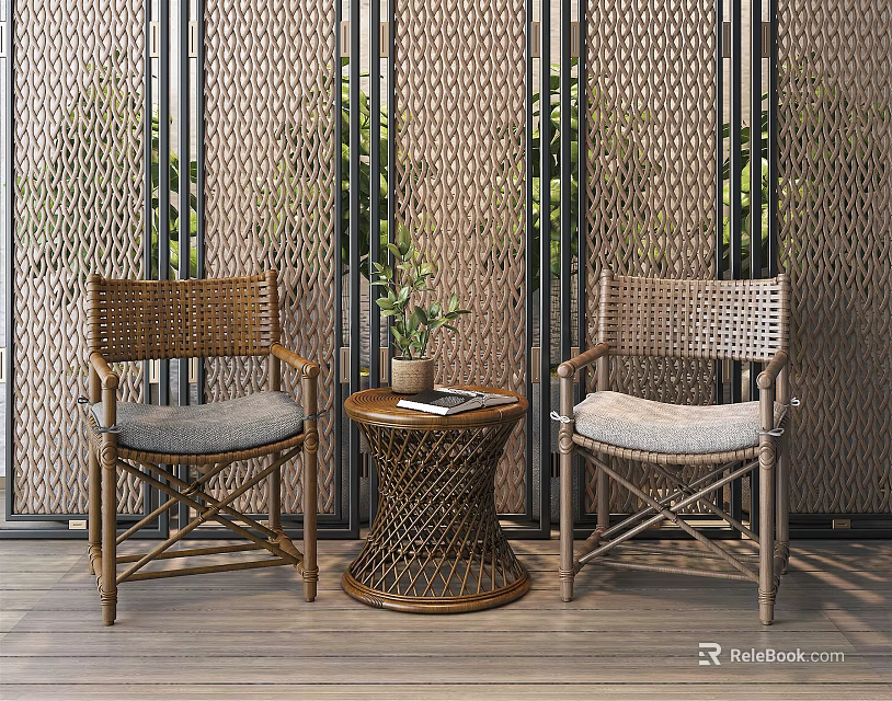 Rattan Woven Round Outdoor Table With Chairs Potted Plant Book On Wooden Patio Perforated Screen 3d model 