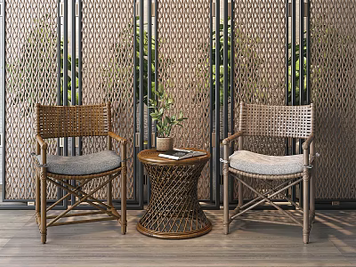 Rattan Woven Round Outdoor Table With Chairs Potted Plant Book On Wooden Patio Perforated Screen 3d model