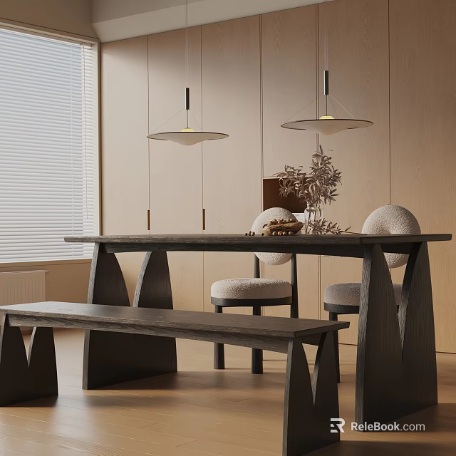 Modern Dining Table Set With Chairs Bench Pendant Lights And Tabletop Decorations In Interior 3d model 