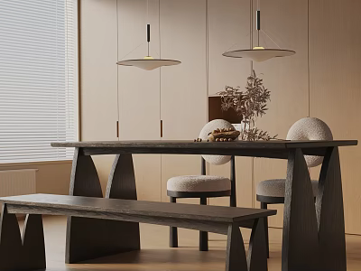 Modern Dining Table Set With Chairs Bench Pendant Lights And Tabletop Decorations In Interior 3d model