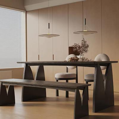 Modern Dining Table Set With Chairs Bench Pendant Lights And Tabletop Decorations In Interior 3d model