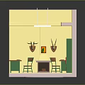 Cartoon Interior Scene with Green Bookshelves Tables Chairs Books and Wall Decor in Study Area