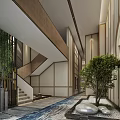 Modern Hotel Corridor With White Bird Chandeliers Wooden Vertical Stripes And Warm Lighting