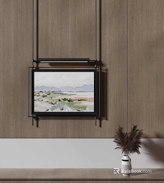 Wooden Wall Decor With Framed Landscape Painting And Dried Plant Accent 3d model 